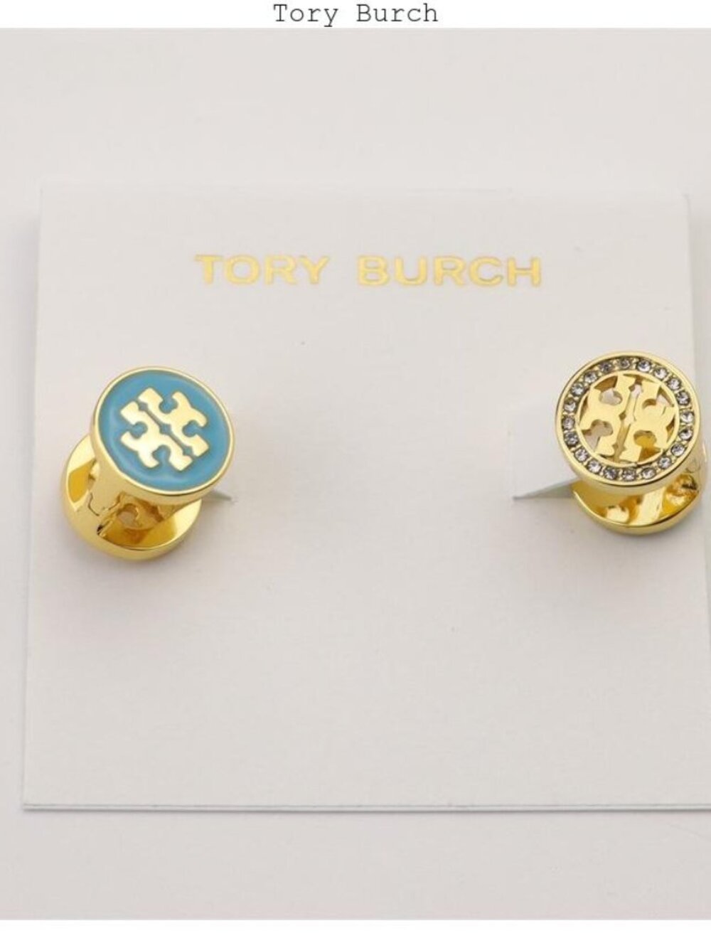 Tory Burch Gold and Light Blue Logo Stud Earrings with Crystal Accent